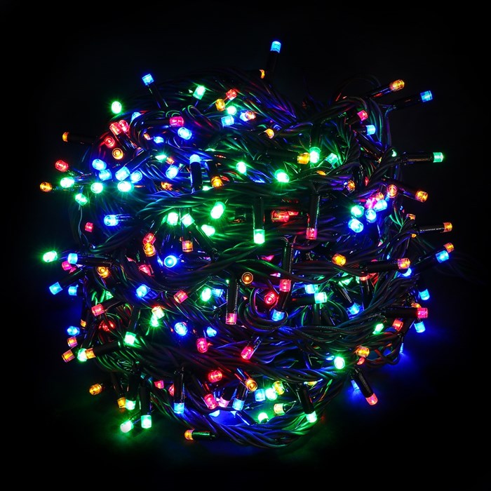 Гирлянда нить уличная светодиодная новогодняя 10м IP44 RGB мульти разноцветный свет, постоянного свечения, на черном шнуре, сетевой шнур 1,5м, на елку - фото 1213265