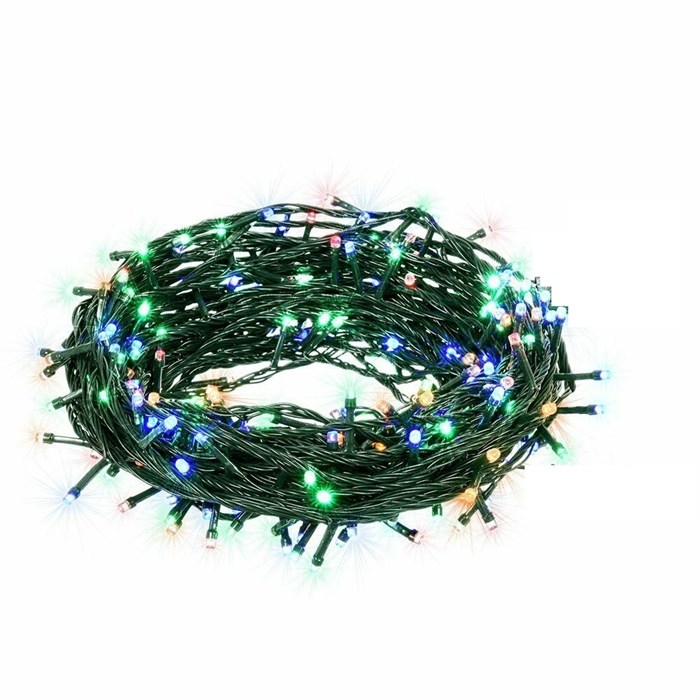 Гирлянда нить интерьерная, светодиодная, новогодняя на елку, 10м, 100 светодиодов, 8 режимов свечения, контроллер, RGB мульти разноцветный свет, зеленый провод, соединяемая IP20, украшение на Новый Год - фото 1634342