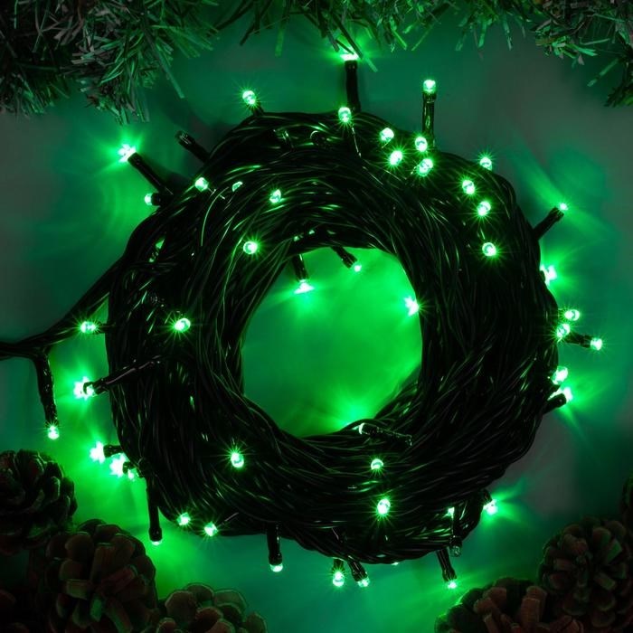 Гирлянда нить уличная интерьерная, светодиодная, новогодняя на елку, 18м, 180 светодиодов, постоянного свечения, зеленый свет, черный провод, соединяемая IP44, украшение на Новый Год - фото 1634350