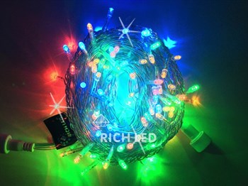 Светодиодная уличная гирлянда нить Rich LED RL-S10CF-24V-T/RGP IP54 10 м (из 2-х по 5м), 100 LED, 24В, низковольтная соединяемая, влагозащитный колпачок, разноцветный свет, мерцающая, прозрачный провод, без трансформатора - фото 2712846