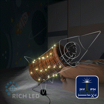 Светодиодная уличная гирлянда нить Rich LED RL-S10C-24V-CW/Y 10 м, 24 В, IP65, низковольтная, желтая, белый провод, постоянное свечение, без блока питания   - фото 3313574