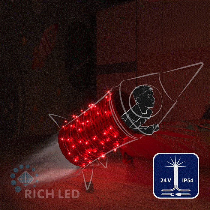 Светодиодная уличная гирлянда нить Rich LED RL-S10CF-24V-T/R IP54 10 м (из 2-х по 5м), 100 LED, 24В, низковольтная соединяемая, влагозащитный колпачок, красный свет, мерцающая, прозрачный провод, без трансформатора - фото 3313784