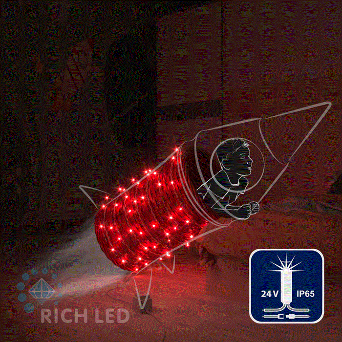 Светодиодная уличная гирлянда нить Rich LED RL-S10CF-24V-CT/R IP65 10 м (из 2-х по 5м), 100 LED, 24В, низковольтная соединяемая, влагозащитный колпачок, красный свет, мерцающая, прозрачный провод, без трансформатора - фото 3313785