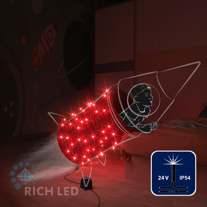 Светодиодная уличная гирлянда нить Rich LED RL-S10CF-24V-B/R IP54 10 м (из 2-х по 5м), 100 LED, 24В, низковольтная соединяемая, влагозащитный колпачок, красный свет, мерцающая, черный провод, без трансформатора - фото 3313786