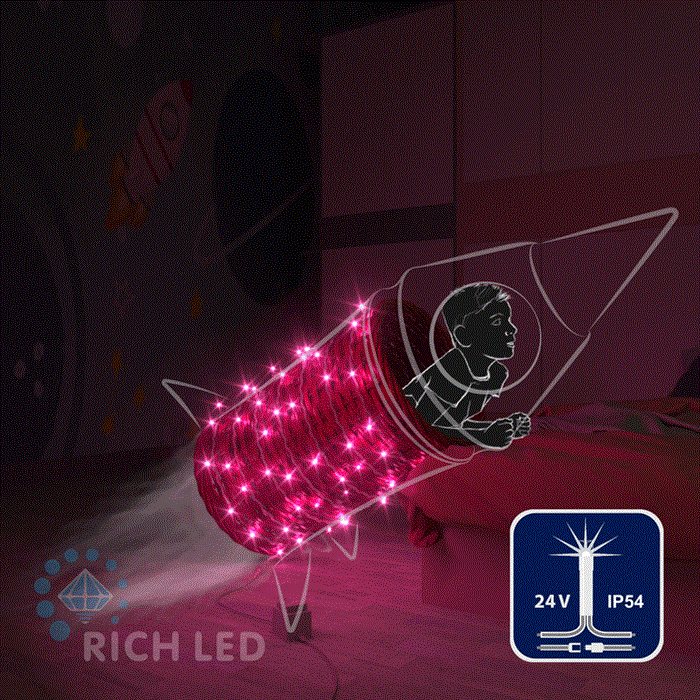 Светодиодная уличная гирлянда нить Rich LED RL-S10CF-24V-T/P IP54 10 м (из 2-х по 5м), 100 LED, 24В, низковольтная соединяемая, влагозащитный колпачок, розовый свет, мерцающая, прозрачный провод, без трансформатора - фото 3313789