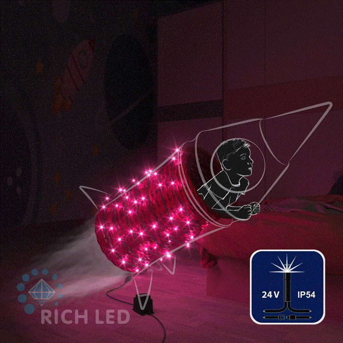 Светодиодная уличная гирлянда нить Rich LED RL-S10CF-24V-B/P IP54 10 м (из 2-х по 5м), 100 LED, 24В, низковольтная соединяемая, влагозащитный колпачок, розовый свет, мерцающая, черный провод, без трансформатора - фото 3313790