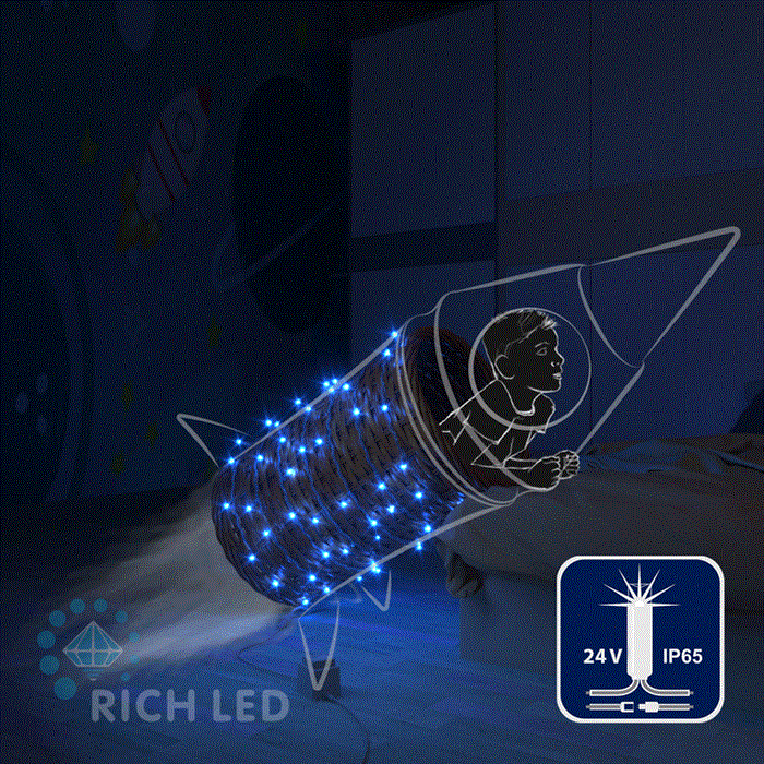 Светодиодная уличная гирлянда нить Rich LED RL-S10CF-24V-CW/B IP65 10 м (из 2-х по 5м), 100 LED, 24В, низковольтная соединяемая, влагозащитный колпачок, синий свет, мерцающая, белый провод, без трансформатора - фото 3313791