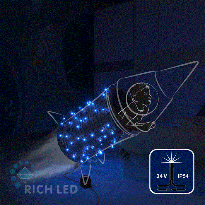 Светодиодная уличная гирлянда нить Rich LED RL-S10CF-24V-B/B IP54 10 м (из 2-х по 5м), 100 LED, 24В, низковольтная соединяемая, влагозащитный колпачок, синий свет, мерцающая, черный провод, без трансформатора - фото 3313794