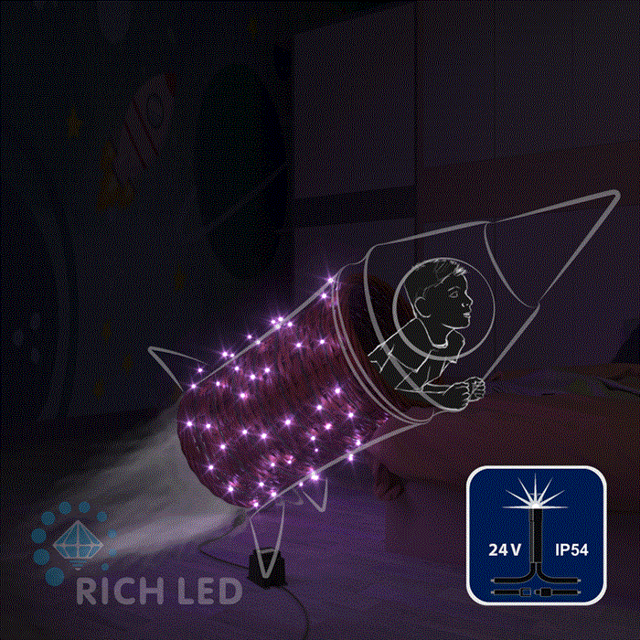 Светодиодная уличная гирлянда нить Rich LED RL-S10CF-24V-B/V IP54 10 м (из 2-х по 5м), 100 LED, 24В, низковольтная соединяемая, влагозащитный колпачок, фиолетовый свет, мерцающая, черный провод, без трансформатора - фото 3313797
