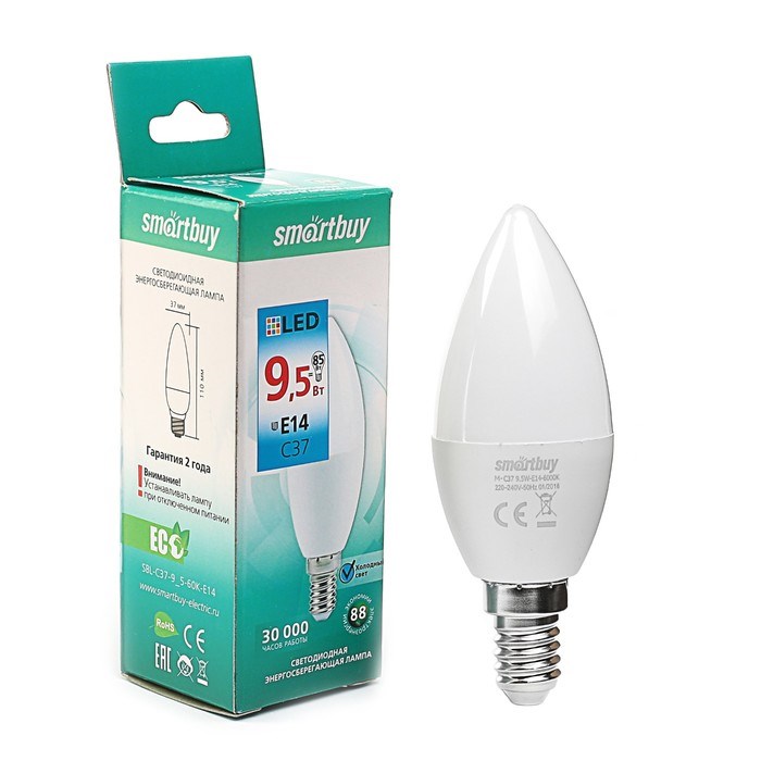 Лампа светодиодная Smartbuy, Е14, C37, 9.5 Вт, 6000 К, холодный белый свет - фото 3324580