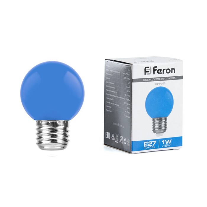 Лампа светодиодная Feron LB-37 Шарик E27 1W Синий 25118 - фото 3324853