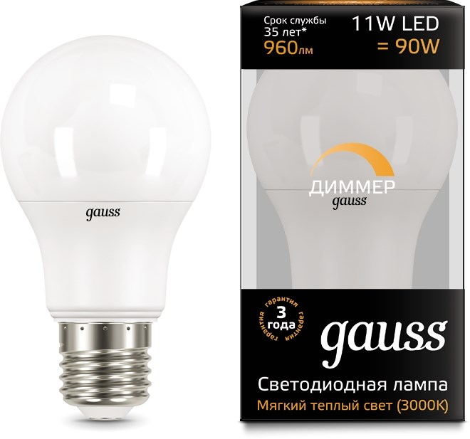 Лампа светодиодная Gauss A60 11W 960lm 3000К E27 диммируемая LED - фото 3324905