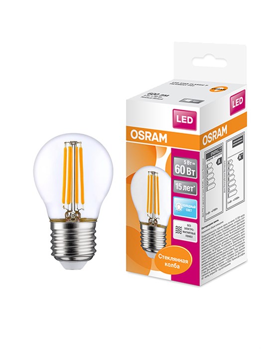Светодиодная филаментная лампа Osram LED STAR Classic P 5W ,нейтральный белый свет, прозрачная колба, Е27 - фото 3324908