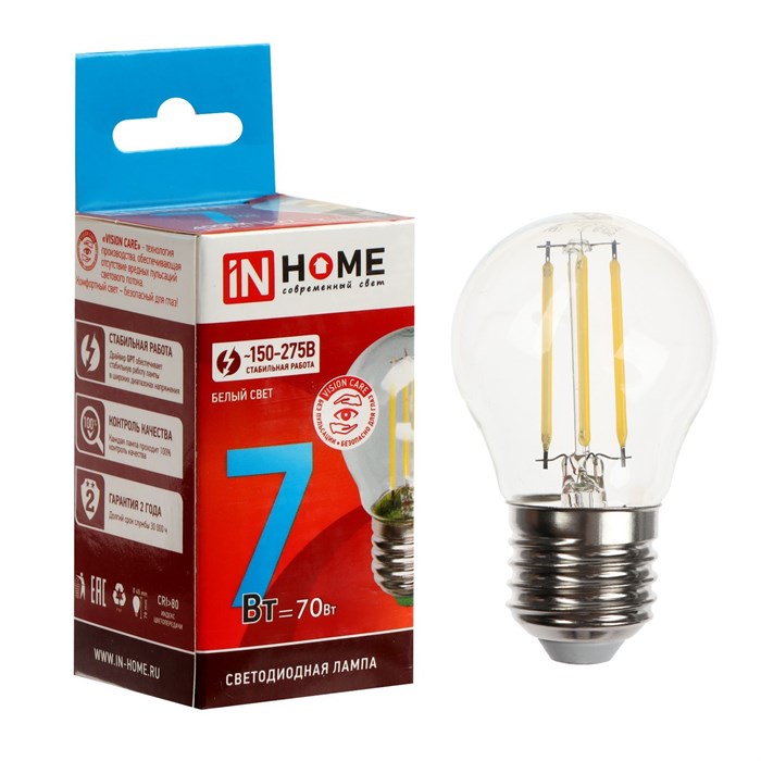 Лампа светодиодная IN HOME LED-ШАР-deco, 7 Вт, 230 В, Е27, 4000 К, 810 Лм, прозрачная - фото 3324909