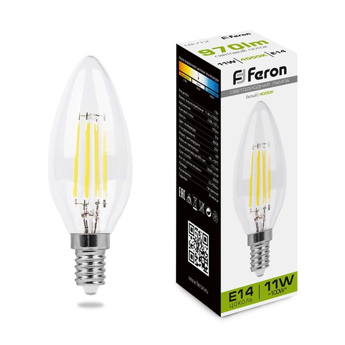 Лампа светодиодная филаментная Feron LB-713 Свеча E14 11W 4000K 38008 - фото 3327503