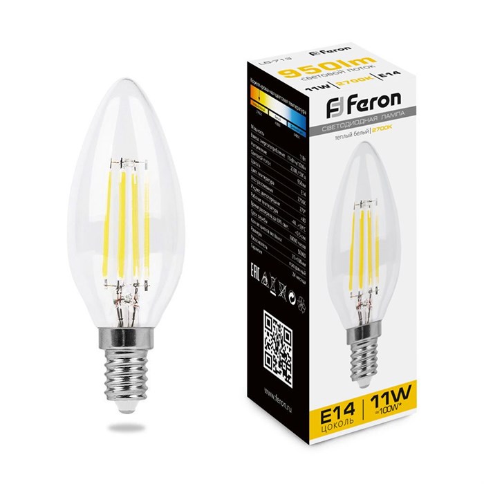 Лампа светодиодная Feron филаментная LB-713 Свеча E14 11W 2700K 38006 - фото 3327505