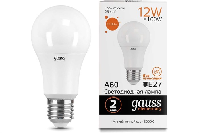 Лампа светодиодная LED Elementary A60 12Вт E27 3000К 1/10/40 Gauss 23212 - фото 3336809