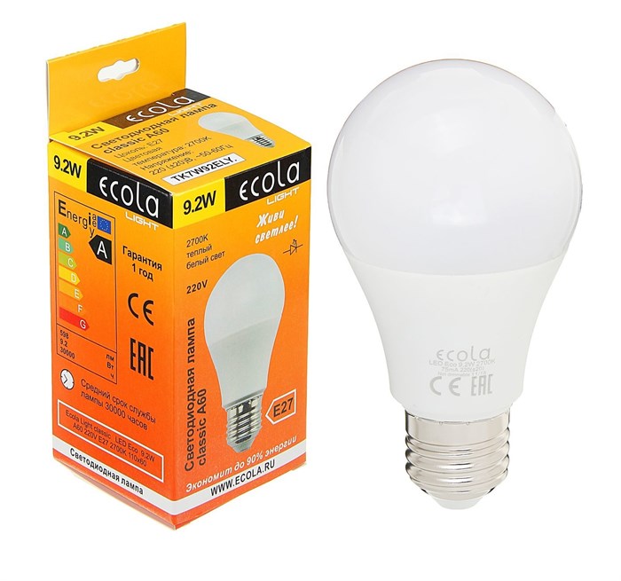Лампа светодиодная Ecola Light classic, Е27, А60, 9.2 Вт, 2700 К, 110x60 мм - фото 3336814