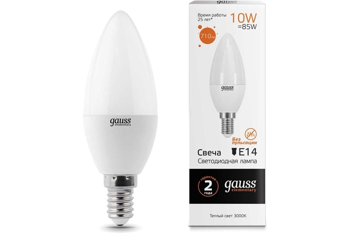 ЛАМПА GAUSS ELEMENTARY СВЕЧА 10W 710LM 3000K Е14 LED 1/10/100 - фото 3517411