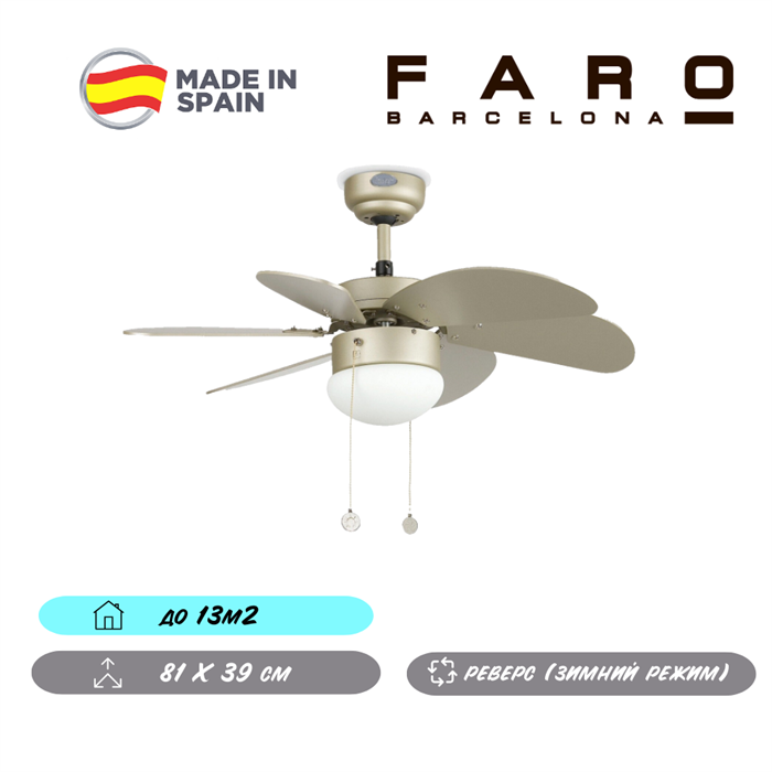 Люстра вентилятор потолочный Faro Barcelona 81X39 СМ IP20 13 м2 1XЕ14 тяговые цепи двигатель AC-стандарт серый oz3 - фото 3559270