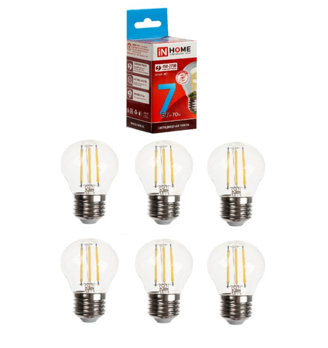 Лампа светодиодная 6шт IN HOME LED-ШАР-deco, 7 Вт, 230 В, Е27, 4000 К, 810 Лм, прозрачная - фото 4023390