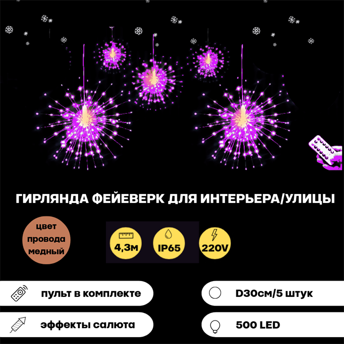 Гирлянда уличная, светодиодная, интерьерная новогодняя 430см с пультом Фейерверк  большой, розовый свет 5шт*100 светодиодов, разные режимы свечения, медный шнур - фото 4321462