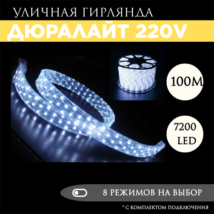 Дюралайт квадратный плоский 100м 8 режимов свечения белый 11X17.5мм 3-х жильн. 72LED/м 4.32Вт/м с комплектом подключения svetlon_3PRLL-100_LED_Flat-ww - фото 4354494