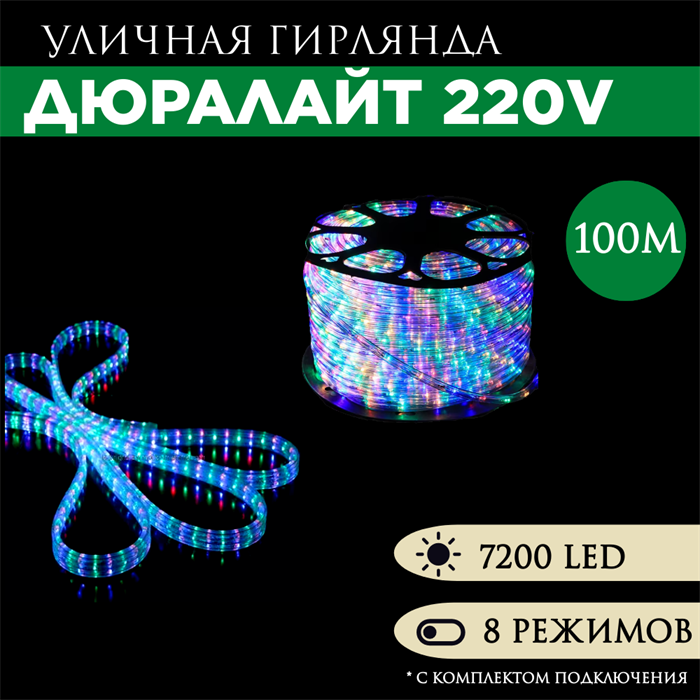 Дюралайт квадратный плоский 100м 8 режимов свечения мульти разноцветный 11X17.5мм 3-х жильн. 72LED/м 4.32Вт/м с комплектом подключения svetlon_3PRLL-100_LED_Flat-multi - фото 4354502