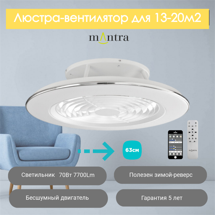 Люстра вентилятор потолочный  63X16 СМ IP20 13-20 м2 LED с пультом ДУ,приложение,Bluetooth двигатель DC-бесшумный белый mantra_6705 - фото 4412479