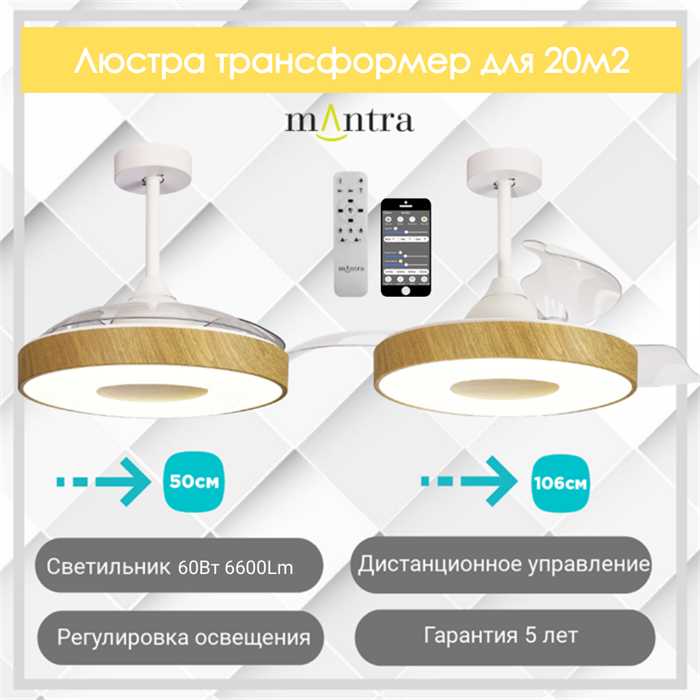 Люстра вентилятор потолочный  106,2,50X48 СМ IP20 20 м2 LED с пультом ДУ двигатель DC-бесшумный коричневый mantra_8217 - фото 4413287