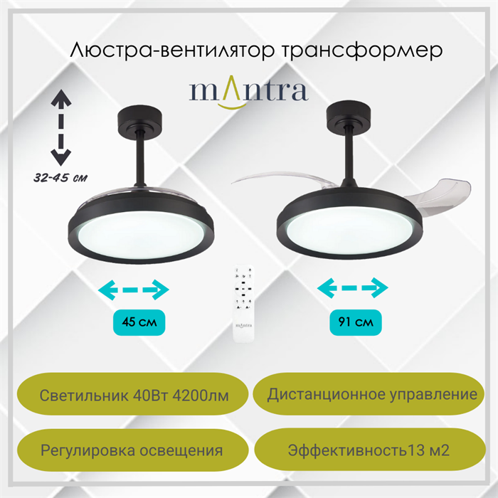 Люстра вентилятор потолочный 45-91X32,3-44,8 СМ IP20 13 м2 LED с пультом ДУ двигатель DC-бесшумный черный/прозрачный mantra_8831 - фото 4417421