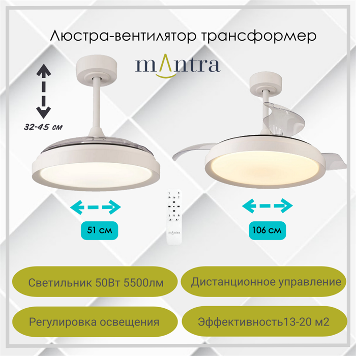 Люстра вентилятор потолочный 51,5-106X32,3-44,8 СМ IP20 13-20 м2 LED с пультом ДУ двигатель DC-бесшумный белый/прозрачный mantra_8826 - фото 4417464