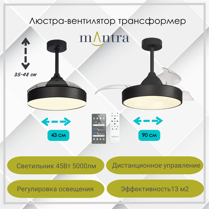 Люстра вентилятор потолочный 43-90,7X35,5-48 СМ IP20 13 м2 LED приложение;с пультом ДУ двигатель DC-бесшумный черный/прозрачный - фото 4417476