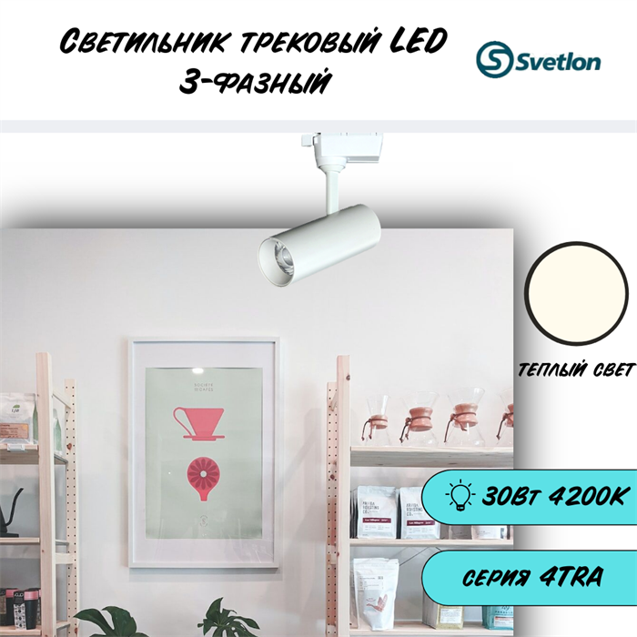 Трековый светильник светодиодный 3-фазный белый 30Вт 2700К TRA2 цилиндр 20X8см TR2430-w-2700 - фото 4429280