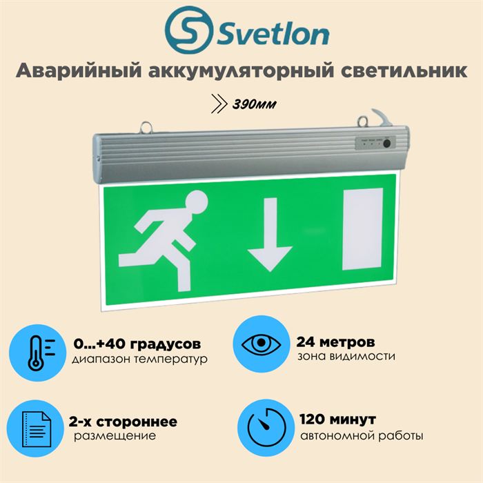 Светильник информационный аварийный "Выход стрелка вниз" белый свет 390X200X25мм аккумуляторный 120 мин. двухсторонний svetlon_MBD089T_Выход_вниз - фото 4488557