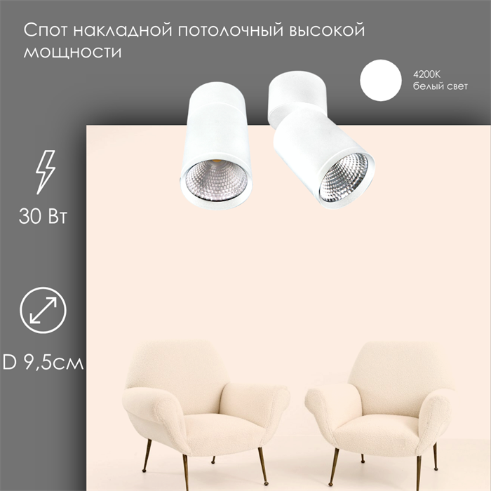 Спот потолочный поворотный с 1 светильником накладной 30Вт 4200К белый D 9,5см svetlon_dw1330_w_4200 - фото 4528756