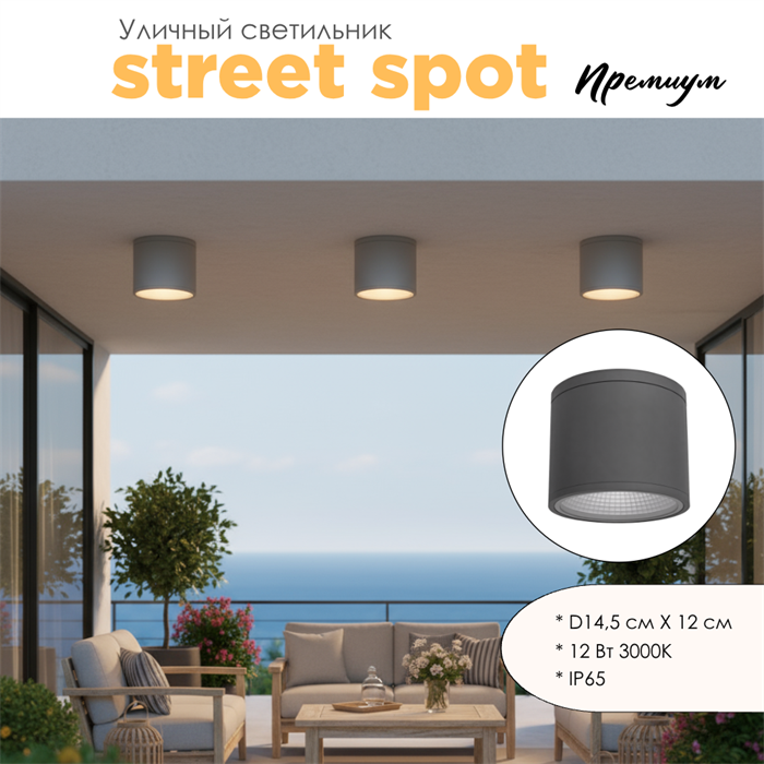 Уличный потолочный светодиодный светильник накладной влагозащищенный 14.5*12см IP65 12Вт 2700К серый WC3374-Grey-2700 - фото 4882722