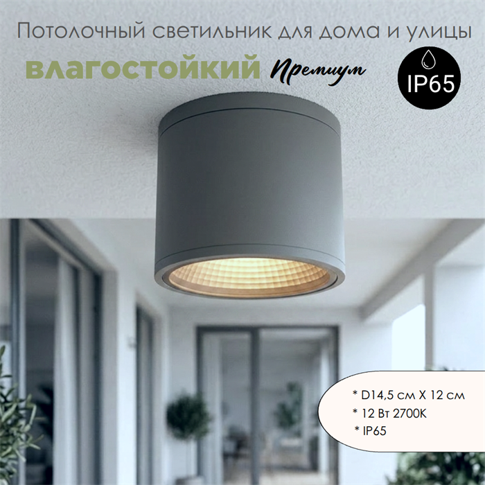 Уличный потолочный светодиодный светильник накладной влагозащищенный 14.5*12см IP65 12Вт 2700К серый WC3374-Grey-2700 - фото 4883975