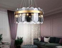 Люстра подвесная хрустальная современная дизайнерская матовое золото/дымчатый D60см высота до 77см ар-деко для гостиной, на 12 точечных ламп G9, для спальни, для прихожей, для кухни