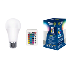 Светодиодная лампа Uniel RGB+W с пультом (в комплекте) Smart меняет цвет и режим работы