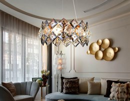 Люстра подвесная хрустальная современная дизайнерская длинная до 1,6м ар-деко D45*16см золото/дымчатый на 4 лампы Е14 над столом, для гостиной, для спальни, для кухни