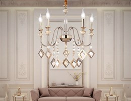Люстра подвесная классическая хрустальная свечи ар-деко на 5 ламп Е14 золото/янтарный D56*59,5см высота до 1м для гостиной, для спальни, для прихожей