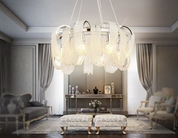 Люстра подвесная хрустальная современная дизайнерская хрустальные бусины на 8 ламп Е14 D60*30см, высота до 67см хром/прозрачный для гостиной, в зал, для спальни, для прихожей неклассика