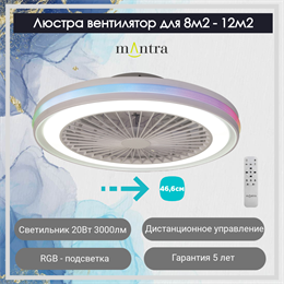 Люстра вентилятор потолочный  46,6X13,7 СМ IP20 13 м2 LED с пультом ДУ двигатель DC-бесшумный белый