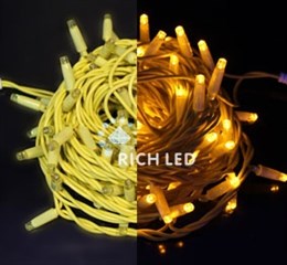 Светодиодная уличная гирлянда нить Rich LED RL-S10C-220V-C2Y/Y 10 м (из 2-х по 5м), 100 LED, 220 В, соединяемая, постоянное свечение влагозащитный колпачок, двойная изоляция, желтая, желтый провод,  без блока питания