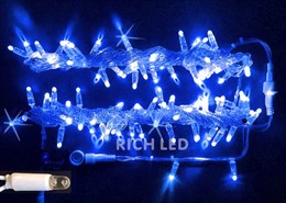 Светодиодная уличная гирлянда нить Rich LED RL-S10CF-220V-CT/B IP65 100 LED, 220 В, соединяемая, влагозащитный колпачок, синий свет, мерцающая, прозрачный провод, без блока питания