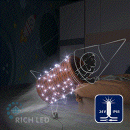 Светодиодная уличная гирлянда нить Rich LED RL-S10CF-24V-CW/W низковольтная 10м (из 2-х по 5м), 24 В, IP65, белая, белый провод, мерцание, без трансформатора