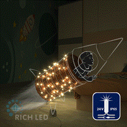 Светодиодная уличная гирлянда нить Rich LED RL-S10CF-24V-CT/WW 10м (из 2-х по 5м), IP65 низковольтная 100 LED, 24В, соединяемая, влагозащитный колпачок, теплый свет, мерцающая, прозрачный провод, без трансформатора