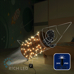 Светодиодная уличная гирлянда нить Rich LED RL-S10CF-24V-CB/WW 10м (из 2-х по 5м), низковольтная 100 LED, IP65 24В, соединяемая, влагозащитный колпачок, белая, мерцающая, черный провод, без трансформатора