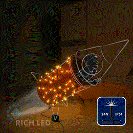 Светодиодная уличная гирлянда нить Rich LED RL-S10CF-24V-B/Y IP54 10 м (из 2-х по 5м), 100 LED, 24В, низковольтная соединяемая, влагозащитный колпачок, желтая, мерцающая, черный провод, без трансформатора